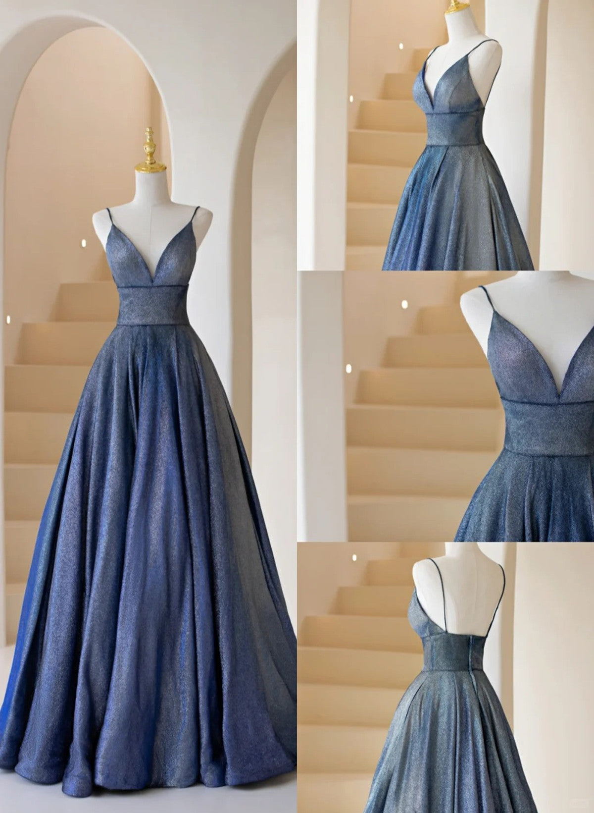 Blue V-neckline Straps Low Back A-line Prom Dress, Blue Long Evening D Cutedressy Blue V-neckline Straps Low Back A-line Prom Dress, Blue Long Evening D Cutedressy