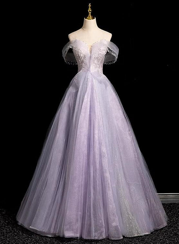 Light Purple Off Shoulder Tulle Long Party Dress, A-line Light Purple