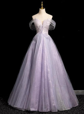 Light Purple Off Shoulder Tulle Long Party Dress, A-line Light Purple Prom Dress