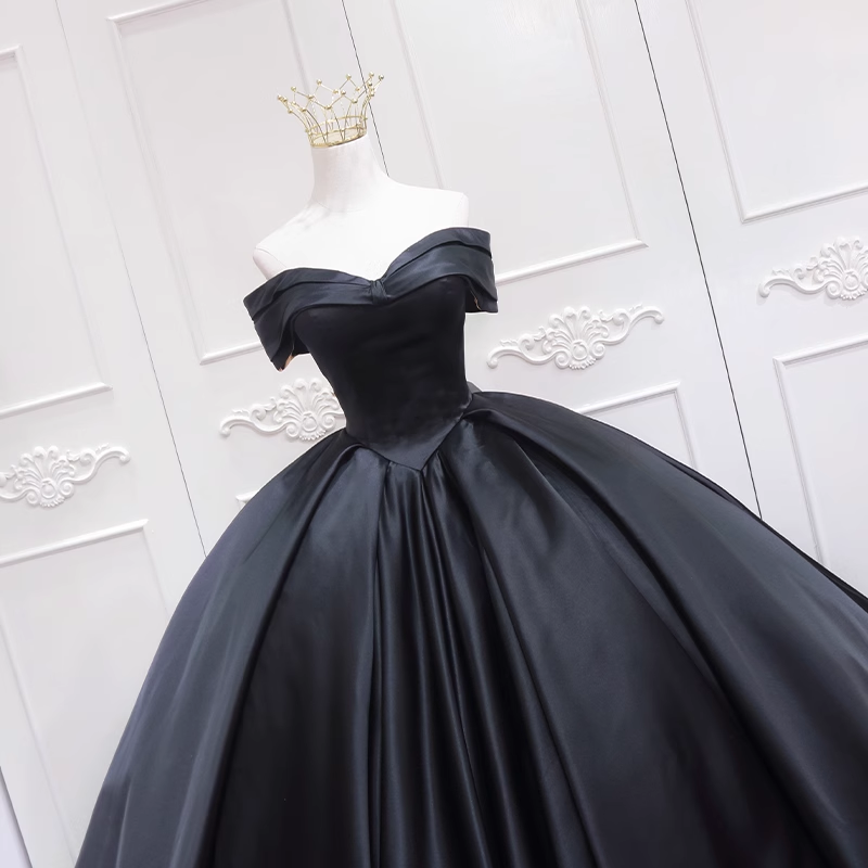 Glam Black Satin Ball Gown Off Shoulder Formal Dress, Black Evening Dr
