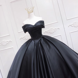 Glam Black Satin Ball Gown Off Shoulder Formal Dress, Black Evening Dress Prom Dress