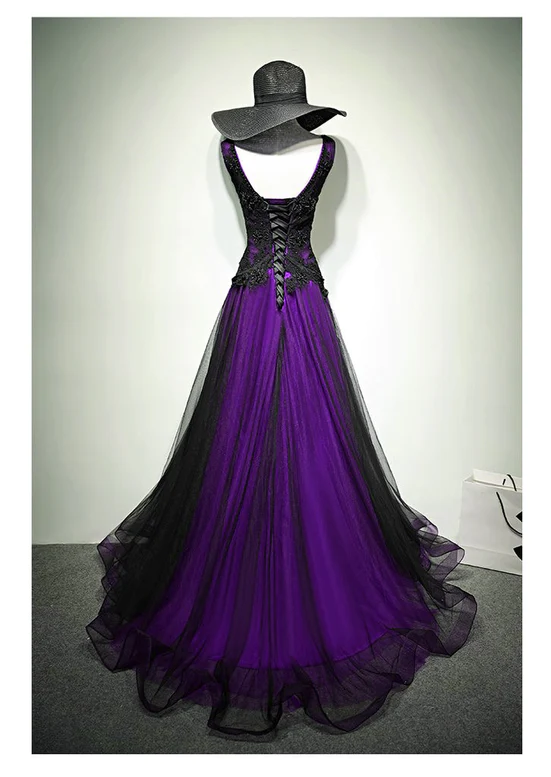A-line Black and Purple Tulle V-neckline Beaded Prom Dress, Black Tulle Formal Dress
