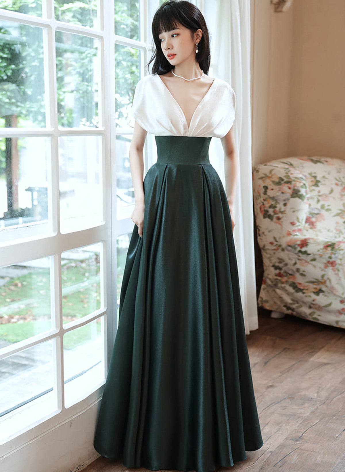 A-line Satin Black and Green Long Party Dress, V-neckline Long Prom Dress Formal Dress