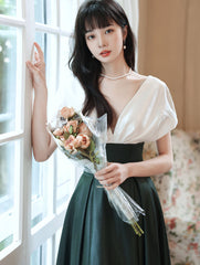 A-line Satin Black and Green Long Party Dress, V-neckline Long Prom Dress Formal Dress