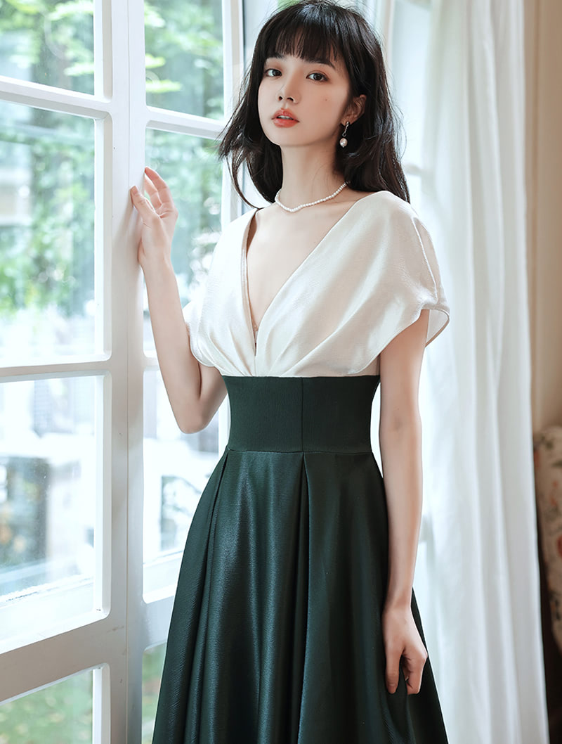 A-line Satin White and Green Long Party Dress, V-neckline Long Prom Dress Formal Dress A-line Satin White and Green Long Party Dress, V-neckline Long Prom Dress Formal Dress