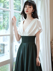 A-line Satin White and Green Long Party Dress, V-neckline Long Prom Dr Cutedressy A-line Satin White and Green Long Party Dress, V-neckline Long Prom Dr Cutedressy