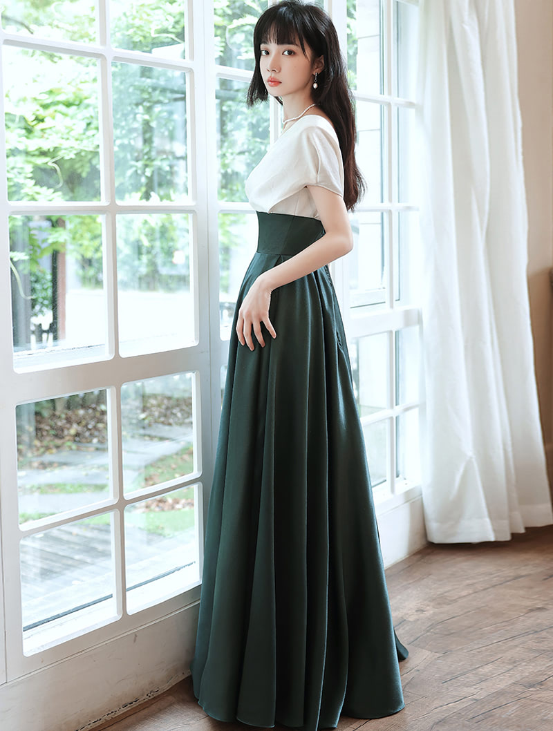 A-line Satin Black and Green Long Party Dress, V-neckline Long Prom Dress Formal Dress