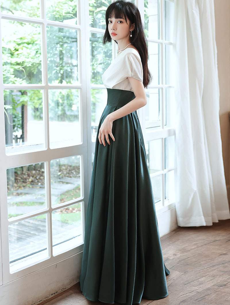 A-line Satin White and Green Long Party Dress, V-neckline Long Prom Dress Formal Dress A-line Satin White and Green Long Party Dress, V-neckline Long Prom Dress Formal Dress