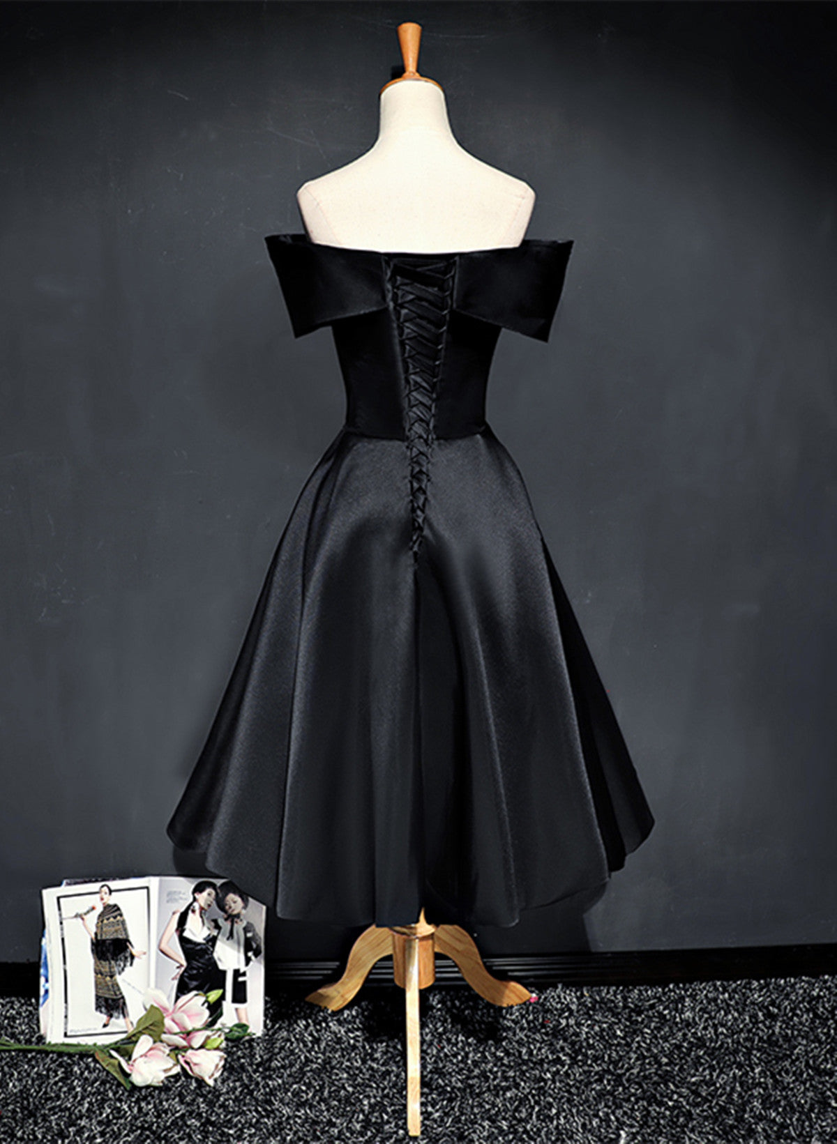 Black Knee Length Satin with Flowers Party Dress, Black Short Prom Dress Homecoming Dress