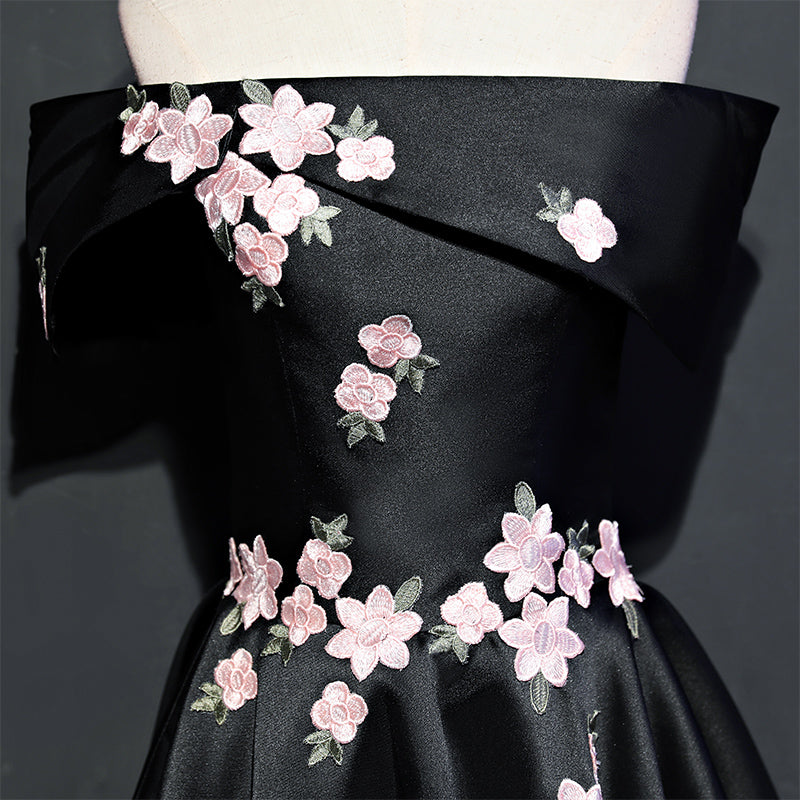 Black Knee Length Satin with Flowers Party Dress, Black Short Prom Dre Cutedressy Black Knee Length Satin with Flowers Party Dress, Black Short Prom Dre Cutedressy