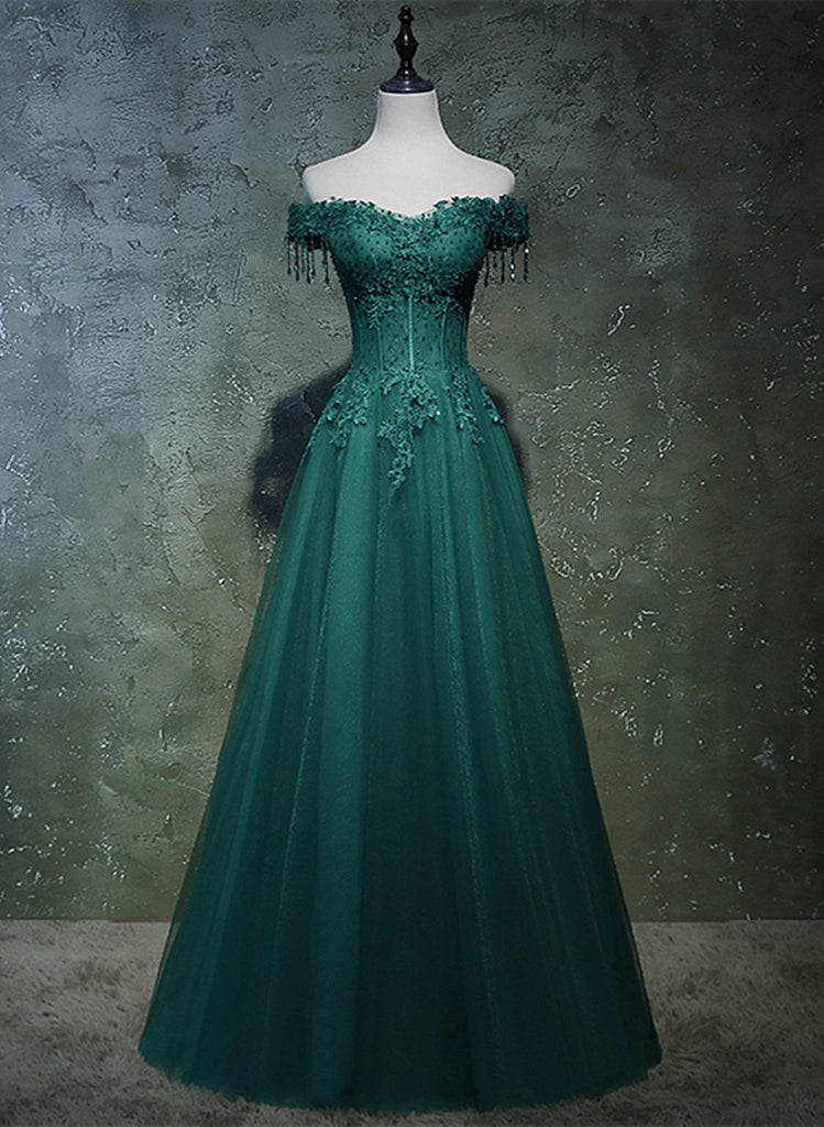 Dark Green A-line Beaded Long Party Dress, Sweetheart Tulle Green Prom