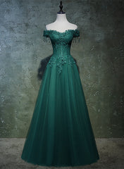 Dark Green A-line Beaded Long Party Dress, Sweetheart Tulle Green Prom Dress