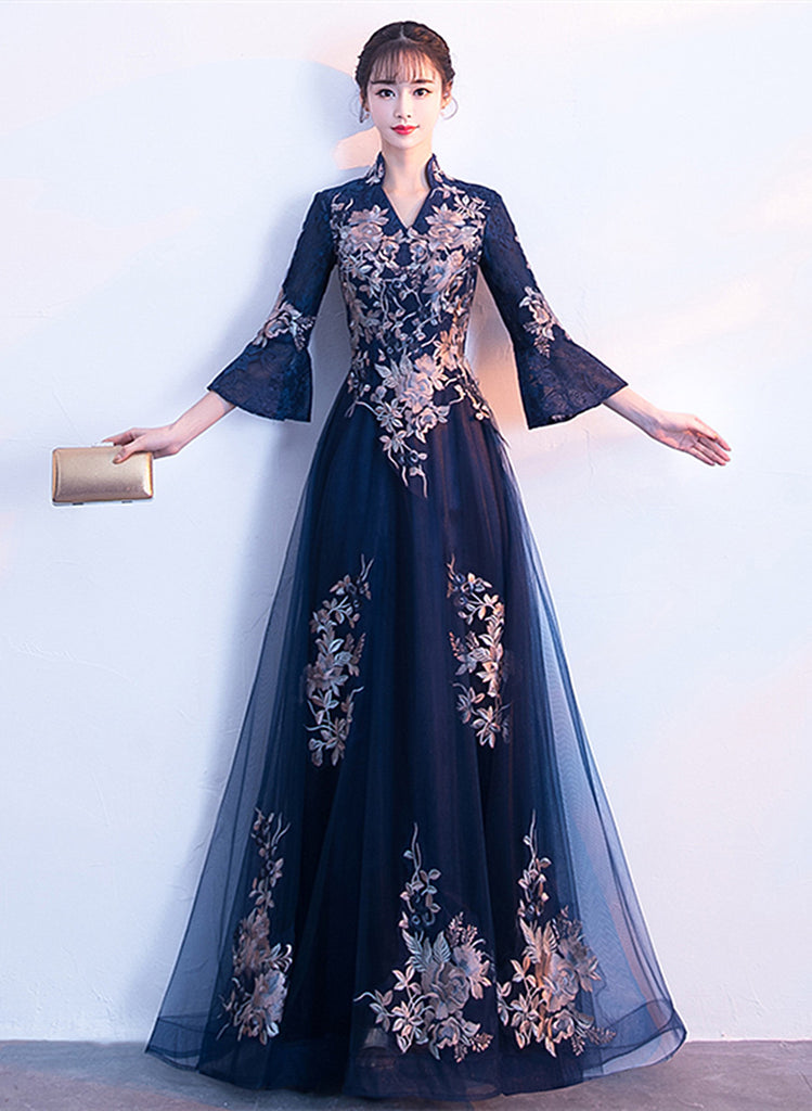 Navy Blue Long Sleeves A-line Party Dress, Navy Blue Bridesmaid Dress