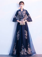 Navy Blue Long Sleeves A-line Party Dress, Navy Blue Bridesmaid Dress Prom Dress