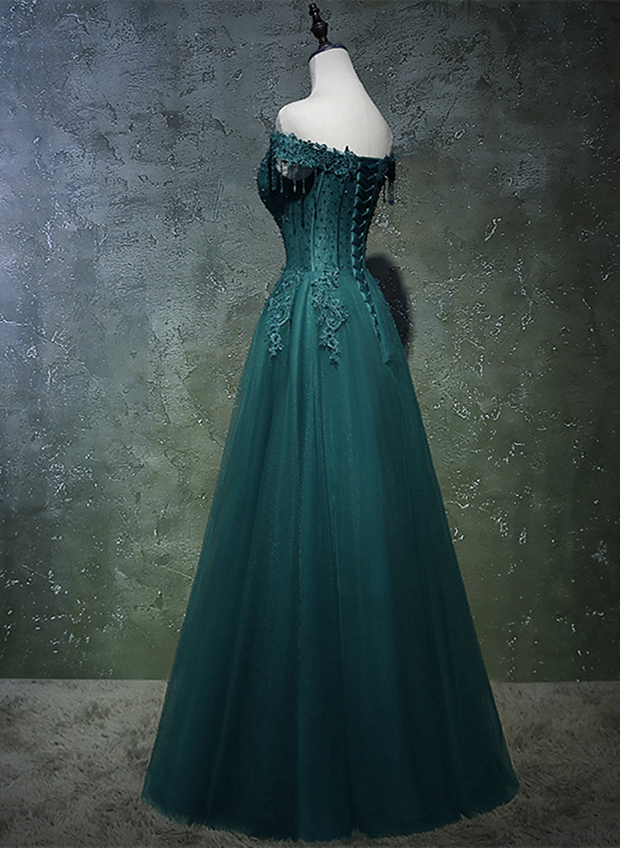 Dark Green A-line Beaded Long Party Dress, Sweetheart Tulle Green Prom Dress