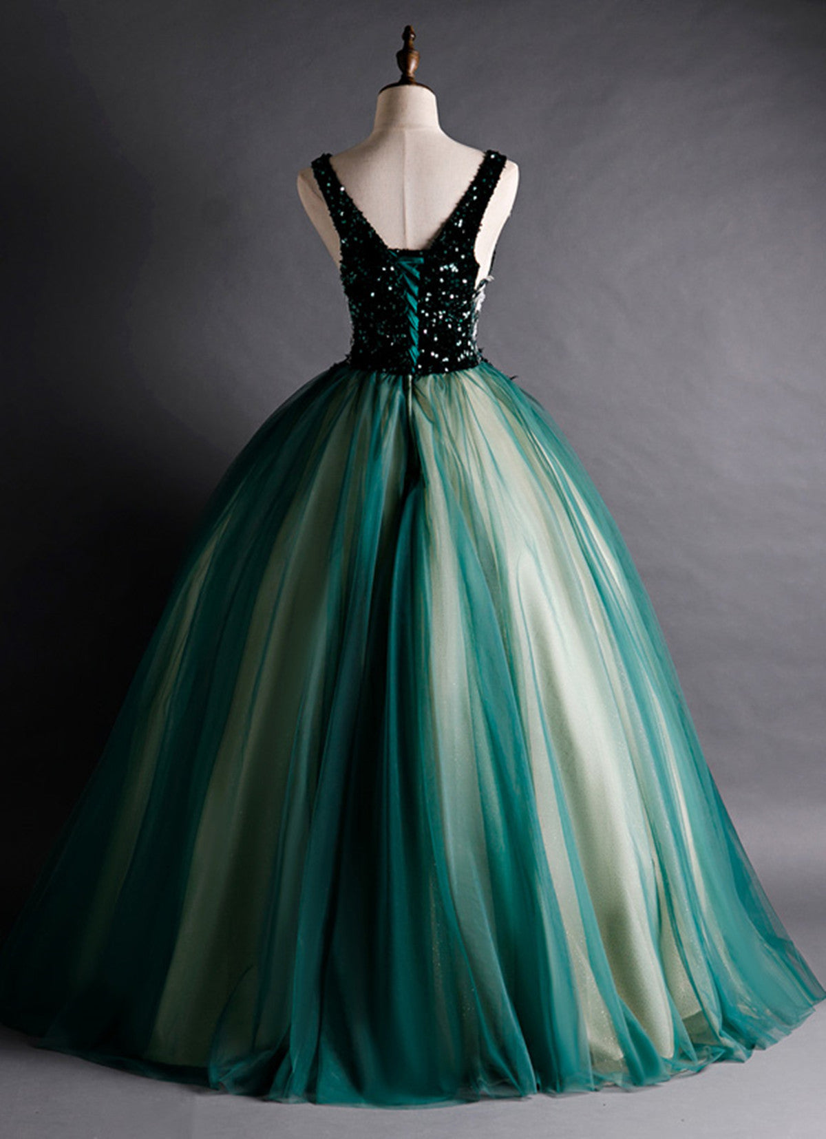 Green Ball Gown V-neckline Sequins Long Formal Dress, Green Sequins Prom Dress