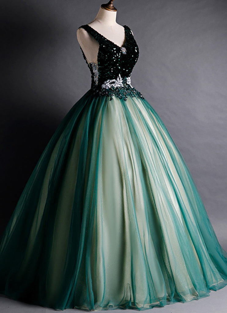 Green Ball Gown V-neckline Sequins Long Formal Dress, Green Sequins Pr ...