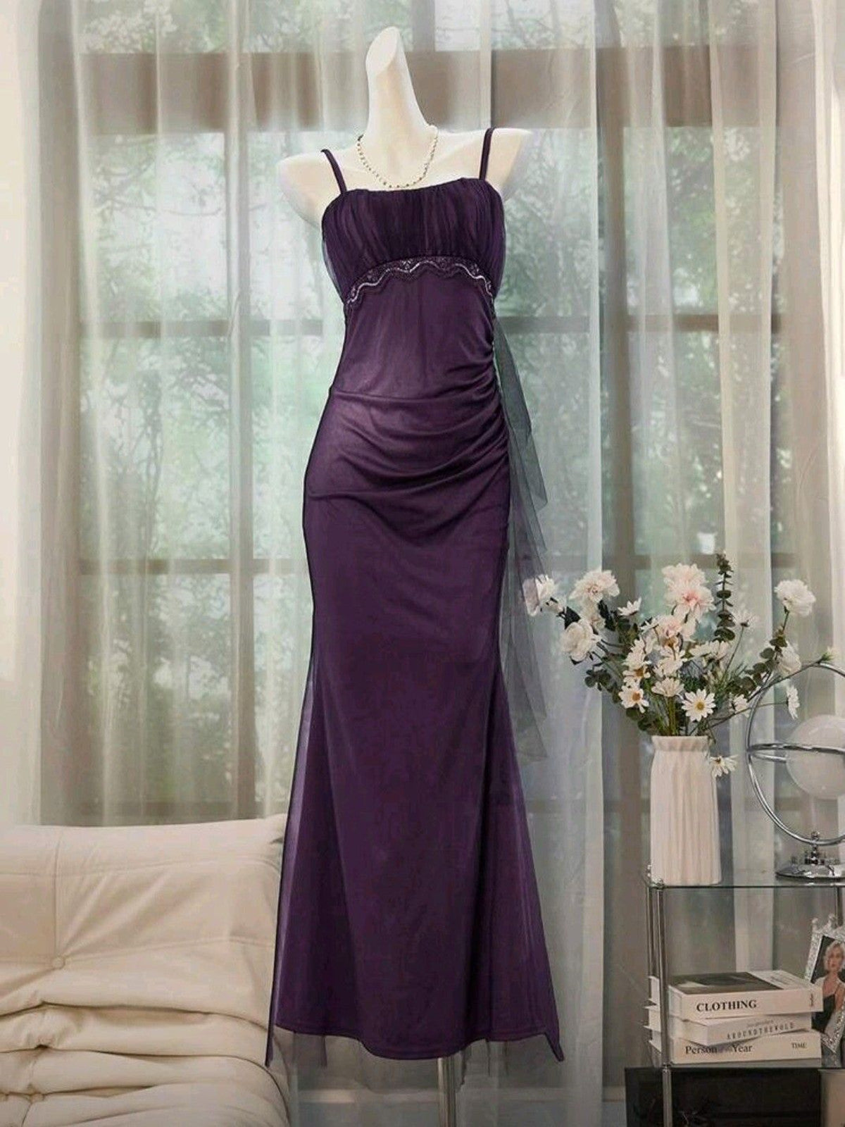 Purple Straps Mermaid Floor Length Prom Dress Evening Dress, Purple Long Party Dress