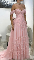 Elegant Sweetheart Tulle A-Line Prom Dress with Off Shoulder, Lace Applique A-line Party Dress