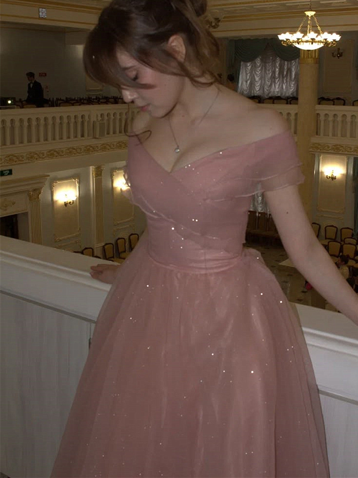 A-line Pink Tulle Off Shoulder Long Prom Dress, Shiny Pink Tulle Evening Dress Party Dress