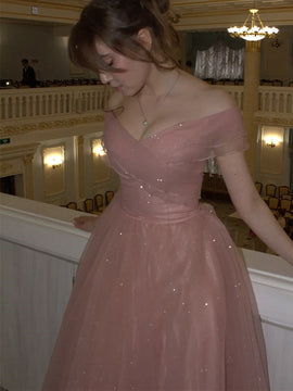 A-line Pink Tulle Off Shoulder Long Prom Dress, Shiny Pink Tulle Evening Dress Party Dress