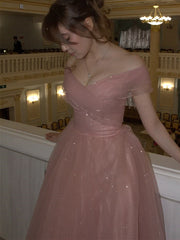A-line Pink Tulle Off Shoulder Long Prom Dress, Shiny Pink Tulle Evening Dress Party Dress