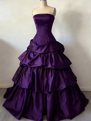 Purple Strapless Satin Layers Long Party Dress, Purple Satin Formal Dress Evening Dress