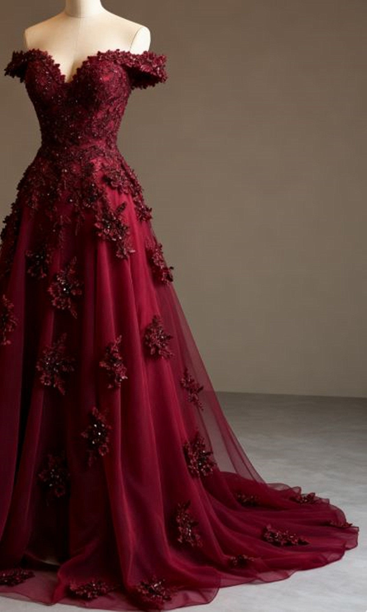 Wine Red A-line Long Prom Dress with Lace Applique, Off Shoulder Wine Red Party Dress