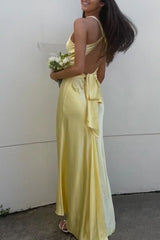 Yellow Soft Satin V-neckline Cross Back Party Dress, Yellow Floor Length Prom Dress