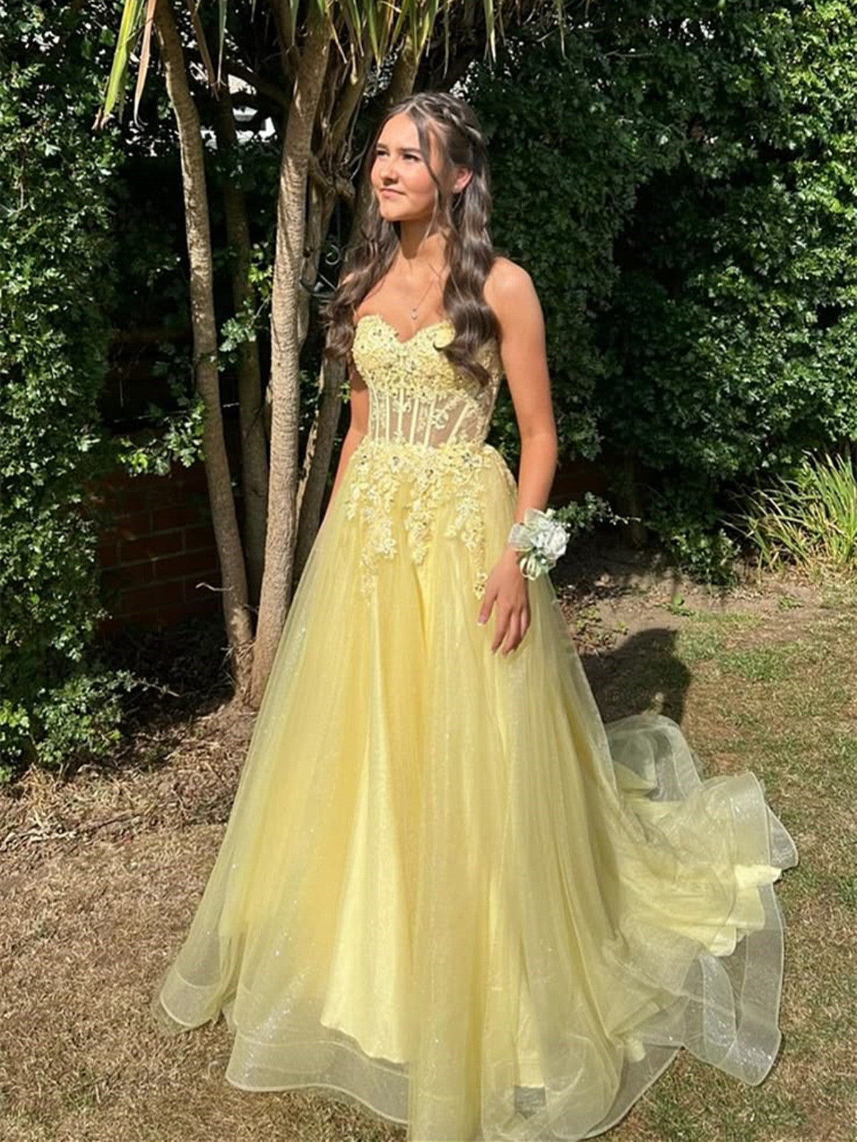Charming Yellow Sweetheart A-line with Lace Corset Prom Dress, Yellow Tulle Party Dress