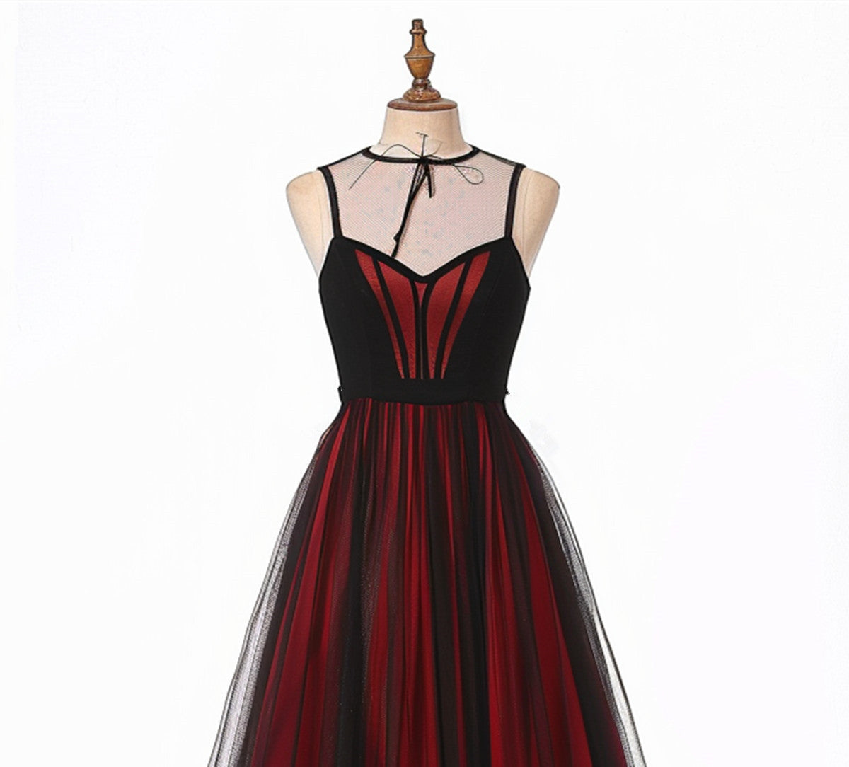 Black and Red V-neckline Tulle Long Party Dress, Black and Red Formal Dress