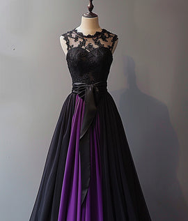 A-line Chiffon Black and Purple Round Neckline Party Dress, Chiffon Prom Dress