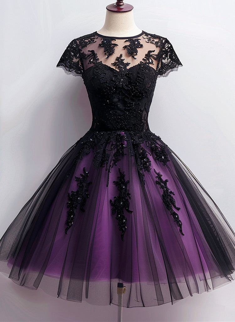 Cute Black and Purple Tulle Short Sleeves Party Dress, Tulle Short Hom