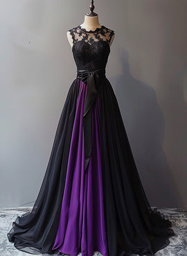 A-line Chiffon Black and Purple Round Neckline Party Dress, Chiffon Prom Dress