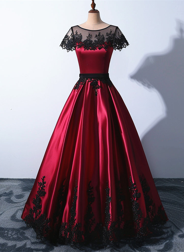 Wine Red Satin Round Neckline with Black Lace Party Dress, Wine Red Pr