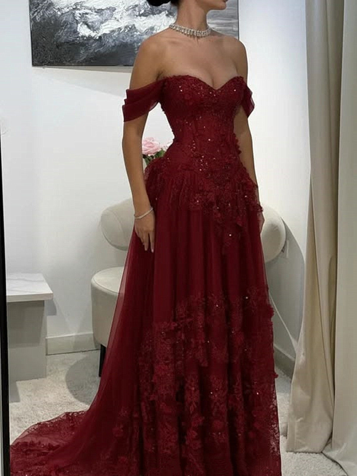 Elegant Sweetheart Tulle A-Line Prom Dress with Off Shoulder, Lace Applique A-line Party Dress