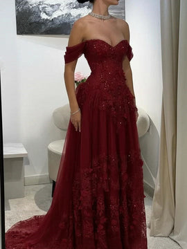 Elegant Sweetheart Tulle A-Line Prom Dress with Off Shoulder, Lace Applique A-line Party Dress