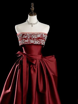 Wine Red A-line Satin Floor Length Party Dress, Wine Red Strapless Long Prom Dress