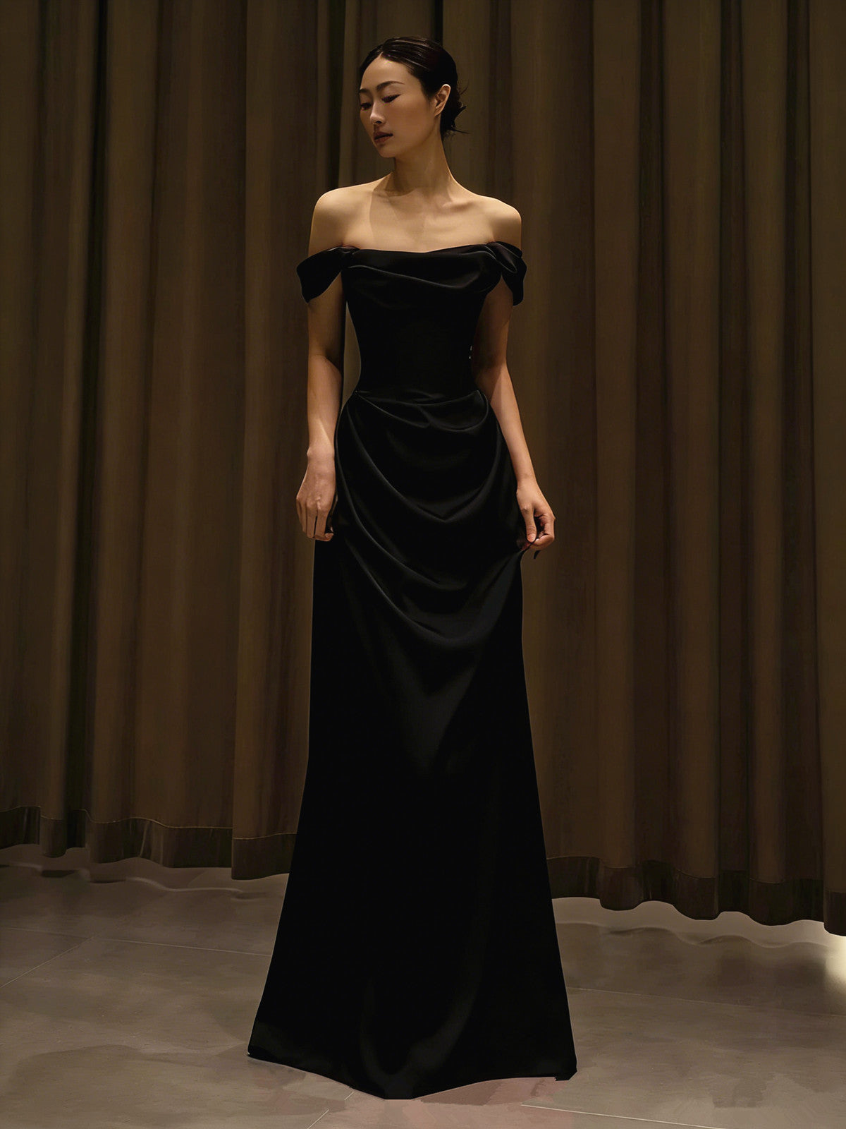 Black Satin Off Shoulder A-line Prom Dress, Black Long Evening Dress Party Dress