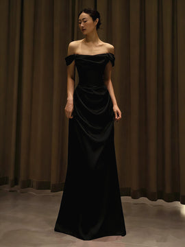 Black Satin Off Shoulder A-line Prom Dress, Black Long Evening Dress Party Dress
