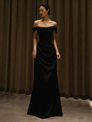 Black Satin Off Shoulder A-line Prom Dress, Black Long Evening Dress Party Dress