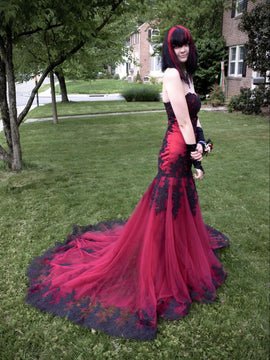 Wine Red Tulle with Black Lace Applique Mermaid Party Dress, Wine Red Tulle Evening Dress