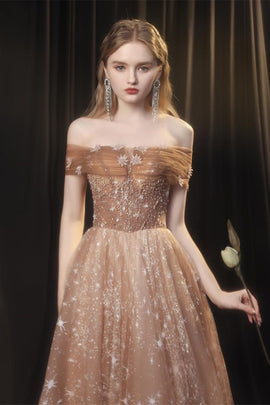 A-line Champagne Beaded Off Shoulder Prom Dress, Tulle Long Evening Dress Party Dress