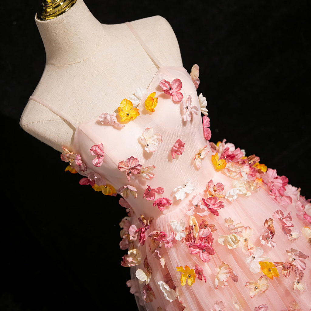 Long Tulle Dress with Beaded Straps Candy Pink