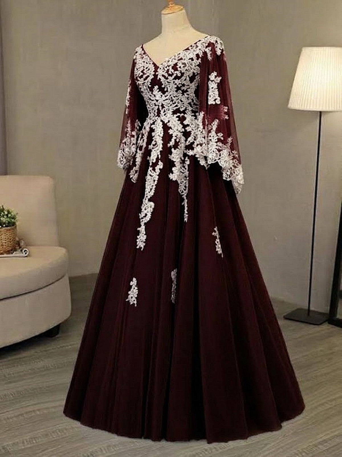 Wine Red V-neckline Tulle with Lace Applique Long Party Dress, Wine Red Long Prom Dress