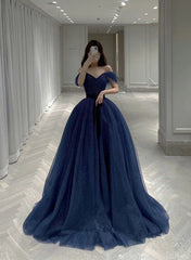 Navy Blue Off Shoulder Sweetheart Long Formal Dress, A-line Navy Blue Prom Dress