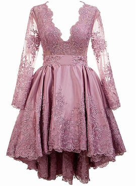 Pink Satin with Lace Applique High Low Homecoming Dress, Pink Short Prom Dress