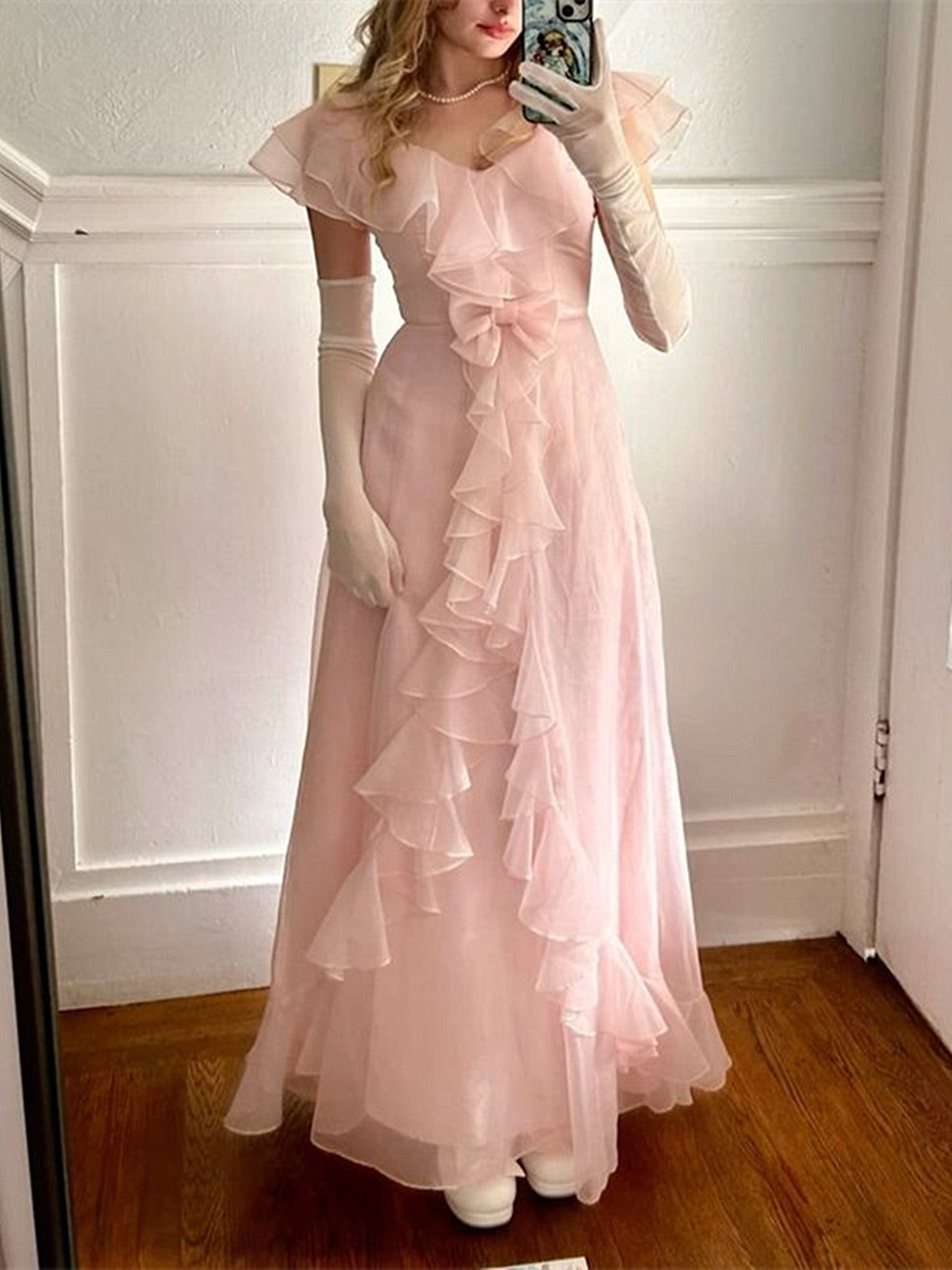 Pink  A-line Floor Length Party Dress,  Pink Cap Sleeves Long Prom Dress Formal Dress