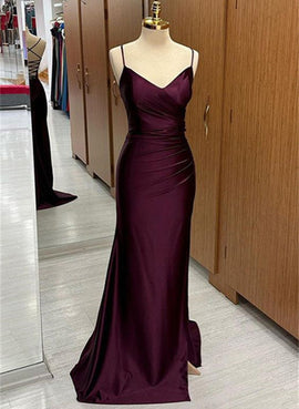 Beautiful Burgundy Satin Straps Long Simple Prom Dress, Burgundy Evening Dress