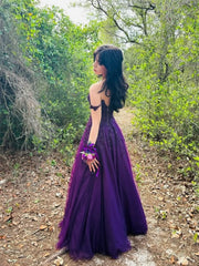 A-line Purple Tulle with Lace Applique Long Formal Dress, Purple Sweetheart Party Dress Evening Dress